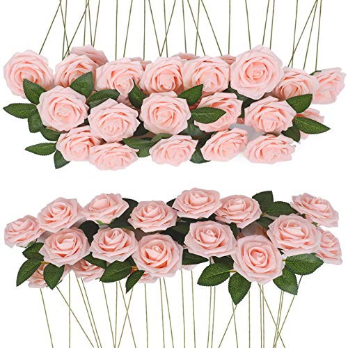Product Cover InnoGear 50 Pack Artificial Flowers Blush Roses Fake Light Pink Roses Perfect for DIY Wedding Bouquets Centerpieces Bridal Shower Party Home Decorations