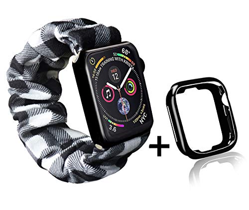Product Cover Buffalo Plaid Scrunchie Watch Band for Apple Watch with Black Watch Case ,Cute Scrunchy Elastic Strap Compatible/Replacement with Iwatch 42mm/44mm Series 1-5(Black white,38mm/40mm)