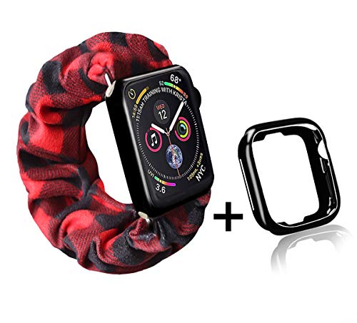 Product Cover Red Buffalo Plaid Scrunchie Watch Band for Apple Watch with Black Watch Case,Cute Soft Scrunchy Watch Band Elastic Strap Compatible/Replacement with Iwatch 38mm 40mm Series 1-5(Red Plaid,38MM/40MM)