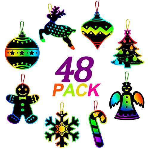 Product Cover ORIENTAL CHERRY Christmas Crafts - Magic Rainbow Scratch Art Kits(Makes 48 Ornaments) - Xmas Tree Decoration Gift Tags Supplies for Kids Toddlers Ages 4-8 8-12 Birthday Party