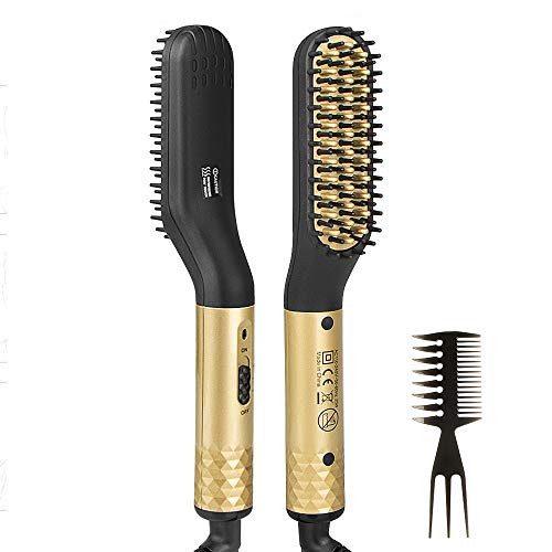 Product Cover Beard Straightener for Men-Electric Hot Beard Straightener Brush Multifunctional Beard Hair Straightening Comb with 30S Fast Heating and Anti-Scald Feature Great for Home Travel (Gold)