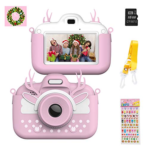 Product Cover Themoemoe Kids Digital Camera Childrens Camera, Touch Screen Video Photo Camera for Kids Rechargeable Toddler Camera with Lanyard, 16G SD Card, Birthday Gift for Girls Boys (Pink)