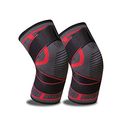 Product Cover HONMAY 1 Pair Knee Compression Sleeve, Knee Brace for Men & Women - Best Support with Straps for Running, Jogging, Sports, Basketball, Weightlifting, Gym, Workout(Black/red, Medium)