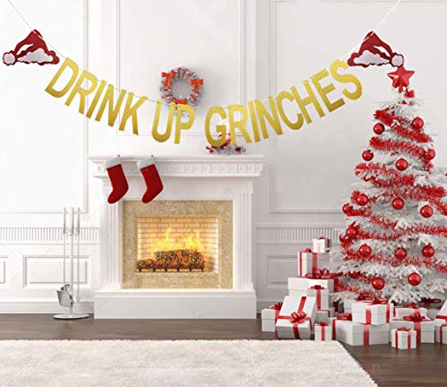 Product Cover Drink Up Grinches Christmas Hat Banner. Xmas Grinch Party Holiday Decoration Supplies. Gold Glittery Party Props Garland Bunting Sign