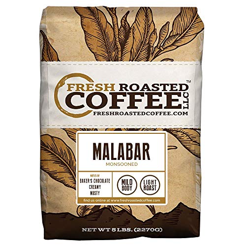 Product Cover Fresh Roasted Coffee LLC, Indian Monsoon Malabar Coffee, Light Roast, Whole Bean, 5 Pound Bag