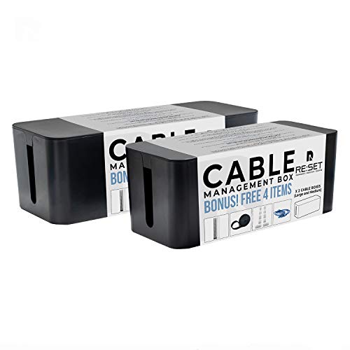 Product Cover Re:set Wire Organizer Box. For Cable and Cord Management [2 Sets]. Comes with Cable Clips, Ties, Velcro Roll and Fast Charge Cable. For Computer Desk, Power Strip, TV Wall Mount, Gaming Socket Shelf.