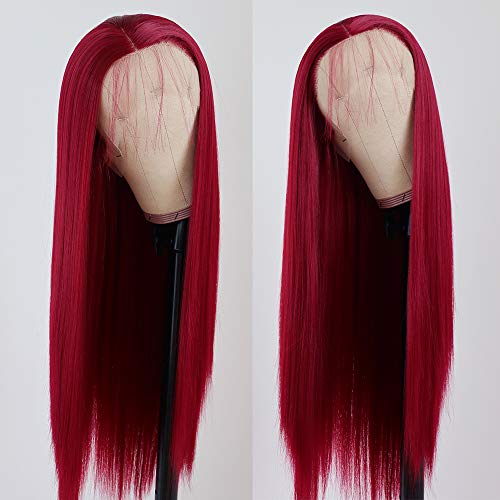 Product Cover Lovestory Red Wigs For Women Heat Resistant Synthetic Lace Front Wigs Fashion Long Straight Wig 180 Density 22-24 inch