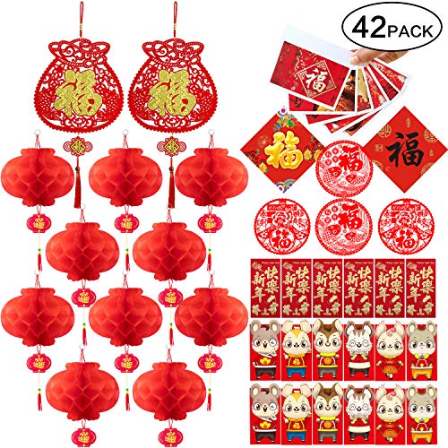 Product Cover Chinese New Year Decorations - Blessing Pendant, Paper Lantern, Rat Year Red Envelope, New Year Greeting Card, Window Flower, Blessing Sticker-Year of The Rat Party Decor Set [42 Pcs]