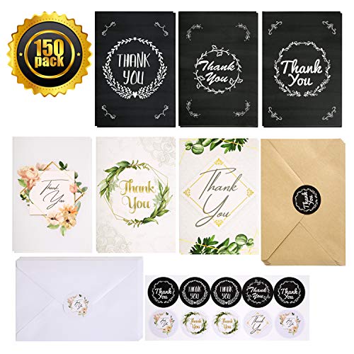 Product Cover 【150 Pack】Thank You Cards with Envelopes Stickers Bulk 6 Design of Thank You Greeting Note Card with Envelopes and Stickers for Wedding Graduation Business Baby Shower Blank Inside 4 x 6 Inch