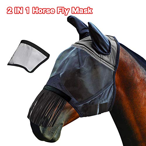 Product Cover BOFUYA Ride Horse Fly Mask with Ears Replaceable Long Nose and Fringe Two Ways Use
