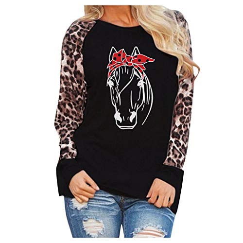 Product Cover KANGMOON Womens Solid Leopard Print Blouse Long Sleeve Patchwork Sweatshirt Fashion Ladies T-Shirt Oversize Tops Tunics Black