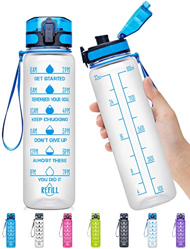 Product Cover Elvira 32oz Motivational Fitness Sports Water Bottle with Time Marker & Removable Strainer,Fast Flow,Flip Top Leakproof Durable BPA Free Non-Toxic-Transparent-Blue