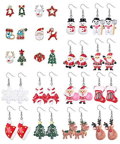 Product Cover LOYALLOOK 18 Pairs Christmas Earrings Jewelry Set for Women Thanksgiving Snowflake Christmas Tree Snowman Santa Claus Drop Dangle Earrings Christmas Earring Stud Set