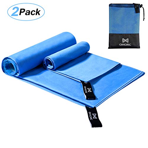 Product Cover OMORC Microfiber Travel Towel, Sports Towel Set, Fast Drying Towel, Super Absorbent, Ultra Compact, Lightweight for Camping, Hiking, Gym, Beach, Swimming, Yoga - Includes 2 Sizes + Carrying Bag & Clip