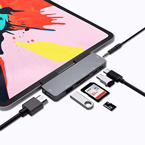 Product Cover USB C HUB Adapter for iPad Pro 11/12.9 2018 2019,7 in 1 USB C Dongle with 3.5mm&Type-C Earphone Headphone Jack with Volume Control,4K HDMI,USB C PD Charging&Data,USB3.0,Micro SD Card Reader