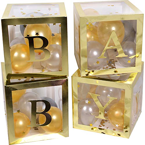 Product Cover 46 Piece Baby Shower Decorations Large Gold Baby Box Blocks Balloons for Boy Girl Kids 1st Birthday Party Gender Reveal Gift Favors Decor