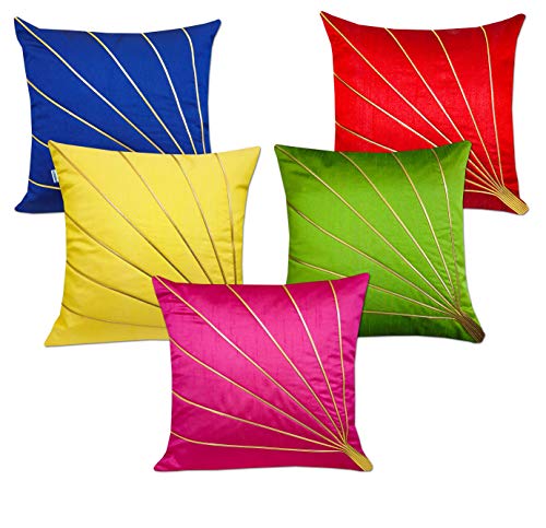 Product Cover CIDIZY Set of 5 Decorative Designer Multicolour Golden Striped Dupion Silk Cushion Covers 16 x 16 inches