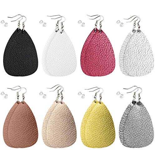 Product Cover Haafoo Leather Earrings, Premium 8 Pairs Handmade Lightweight Leather Earrings Faux, Upgraded Teardrop Dangle Leather Earring for Women Gift