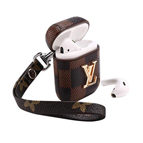 Product Cover Violent Panda Luxury New Airpods Case fits Well it in Apple Airpod 1&2 Case,Elegant Airpods Leather Case Cover,with Carabiner and Wrist Strap, (air pods, Brown Metal Logo)