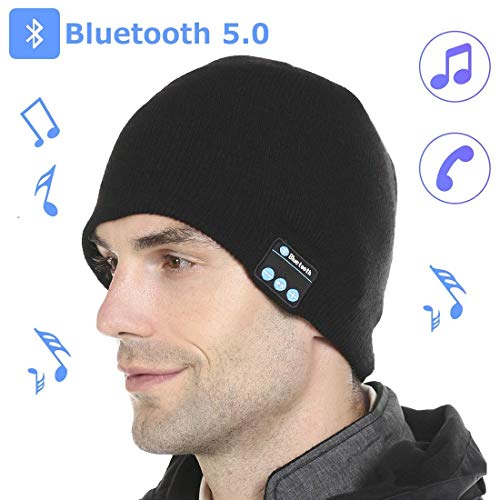 Product Cover Feyuan Bluetooth Beanie Hat for Mens Gifts Bluetooth 5.0 Headphones Beanie Wireless Knit Hats with HD Stereo Speaker Headphone Musical Knit Cap for Outdoor Sports Black