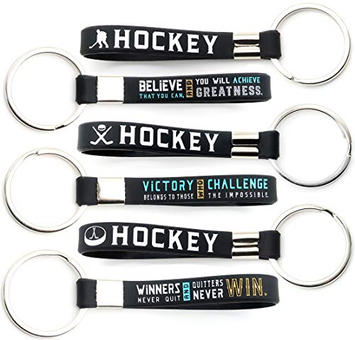 Product Cover (12-Pack) Hockey Keychains with Motivational Quotes - Wholesale Pack of Key Chains in Bulk for Giveaway Gifts for Team, Hockey Theme Party Favors and Supplies for Boys Girls Men Women