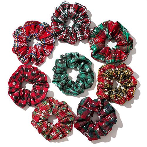 Product Cover 8pcs Christmas Scrunchies for Hair Scrunchie Holder Ponytail Elastics Hair Ties Hair Bands Winter Snowflake Cloth Plaid Checkered Pattern Soft Cute Scrunchy Pack for Girls Women Red Green
