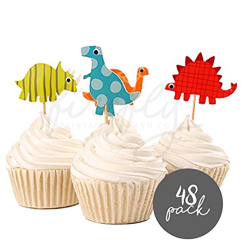Product Cover FIREFLY Dinosaur Cupcake Toppers Baby Shower Decorations Party Cake Decorating Supplies First Birthday Decorations Kids Children Baking Supplies (Dino 48)