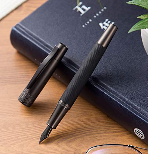 Product Cover Hongdian 6013 Matte Black Fountain Pen with Metal Gift Box Titanium Black Fine Nib Gift Pen Set