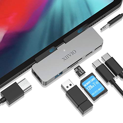 Product Cover USB C Hub for iPad Pro 2019 2018,XIIVIO 7 in 1 USB Type C to 4K HDMI Adapter with USB 3.0, USB-C PD Charging,SD/TF Card Reader,3.5mm Headphone Jack Compatible with 2019 2018 New iPad Pro 11