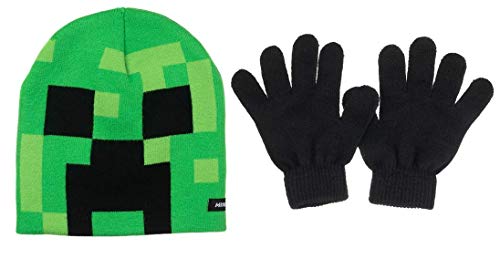 Product Cover Minecraft Creeper Face Kids Beanie Hat Cap and Gloves Set New Green