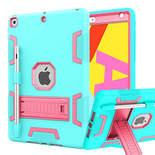 Product Cover iPad 7th Generation Case, iPad 10.2 2019 Case, Hybrid Shockproof Rugged Drop Protection Cover Built with Kickstand for iPad 10.2 inch 7th Generation A2197 / A2198 / A2200 2019 Release (Teal+Rose)