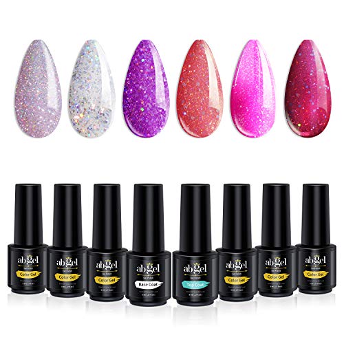 Product Cover ab gel Glitter Gel Nail Polish Set - 6 Color UV LED Soak Off Gel Polish with No Wipe Base and Top Coat