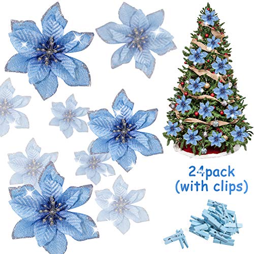 Product Cover Whaline 24 Pcs Blue Poinsettia Artificial Christmas Flowers with 24 Pack Clips, Glitter Christmas Tree Ornaments Xmas Wedding Party Decor (13 x 13 cm)