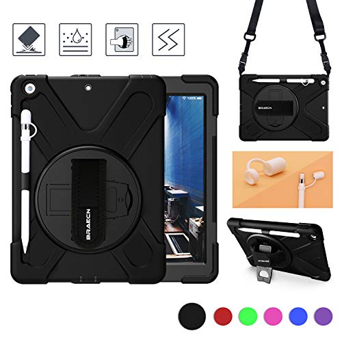 Product Cover BRAECN iPad 10.2 Case 2019 with Pencil Holder,Heavy Duty Shockproof Hard Durable Rugged Kids Case with Pencil Cap Holder/Hand Strap/Built-in Stand/Shoulder Strap for ipad 7th Generation case-Black