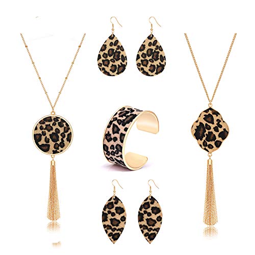 Product Cover ZOLEAROPY Leopard Jewelry for Women Statement Leopard Cuff Bracelet Teardrop Leaf Earrings Long Tassel Pendant Necklace Set