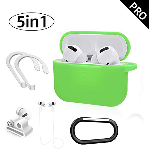 Product Cover Airpods Pro Case, WQINIDE Airpods Pro Accessories Set, 5 in 1 Protective Silicone Cover and Skin for Airpods Pro Charging Case with Watch Band Holder/Keychain/Strap[Front LED Visible] (Green)
