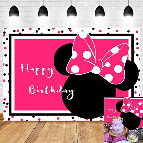 Product Cover Sweet Pink and Black Dot Photo Background 7x5ft Vinyl Cute Mouse Party Banner Princess Baby Girls Happy Birthday Supplies Photography Backdrop Candy Table Photo Booths Studio Props Decorations