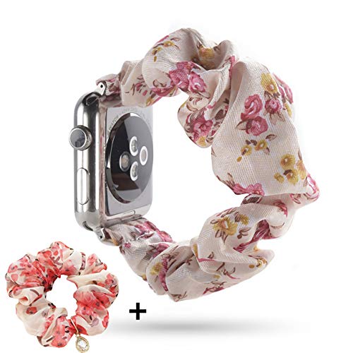 Product Cover YOSWAN Hair Band Compatible for Apple Watch 38mm 40mm, Women Girls Scrunchie Elastic Watch Wristbands Replacement for iWatch Series 5 4 3 2 1 Hair Rubber Bands Included (Flowers Pink, 38mm/40mm)
