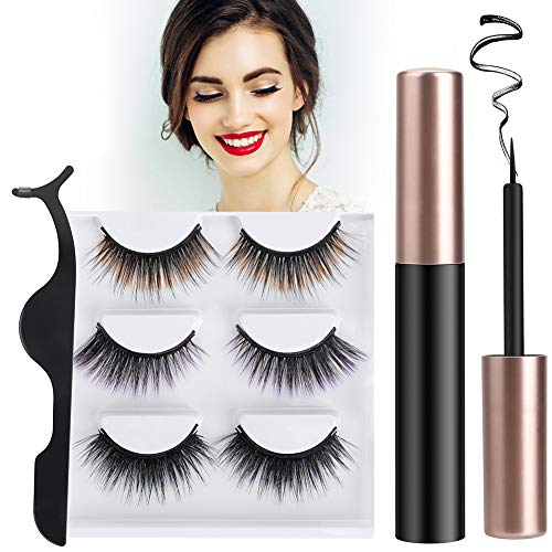 Product Cover FoPcc Magnetic Eyeliner and Lashes - 3 Pairs Reusable Magnetic False Lashes & Magnetic Eyeliner with Tweezers Kit, Easy To Wear, Natural Look, No Glue Needed (Colored)