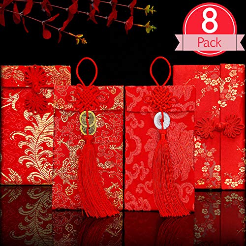 Product Cover 8 Pieces Red Envelopes Silk Lucky Pockets Hongbao Embroidery Gift Card Envelopes Chinese New Year Decorations for Spring Festival Wedding, 4 Styles