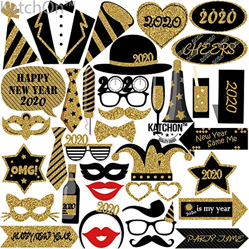 Product Cover New Years Photo Booth Props - Pack of 37 - Printed Glitter | 2020 New Years Eve Photo Props | Great for New Years Eve Party Supplies 2020 | Happy New Year Party Decorations 2020 | NYE Props, DIY
