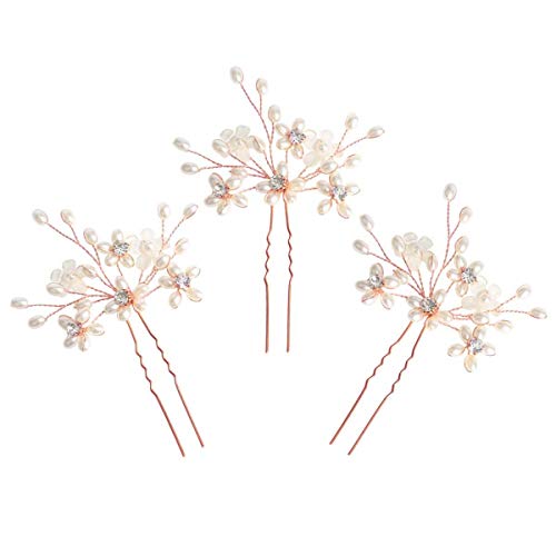 Product Cover Sppry Wedding Hair Pins (3 Pcs) - Elegant Pearl Floral Crystal Hair Accessories for Bridal Women (Rose Gold)