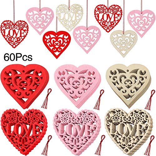 Product Cover WILLBOND 60 Pieces Valentine's Day Heart Wooden Embellishments Wooden Love Heart Slices Hollowed-Out Crafts Hanging Ornaments with Twine for Valentine's Day Wedding Party Favors