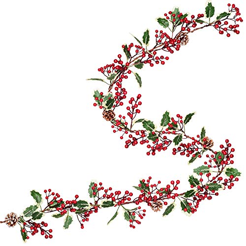 Product Cover Artiflr 7FT Red Berry Christmas Garland with Pine Cone Garland Artificail Berry Garland Indoor Outdoor Garden Gate Hone Decoration Lights for Winter Holiday New Year Decor