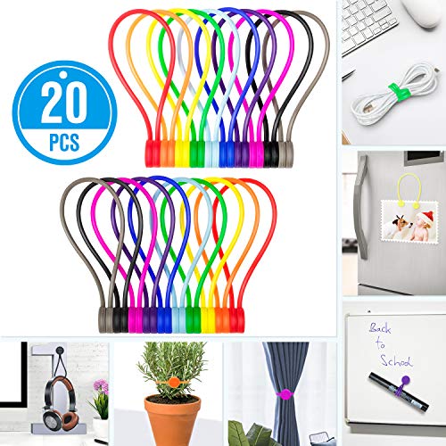 Product Cover Reusable Magnetic Twist Ties,Silicone Fridge Magnets,Cable Straps with Strong Magnet for Bundling and Organizing,Bookmark Clips,Cord Wrap for Home,Office,School, or Just For Fun (10 Colors-20 Pack)
