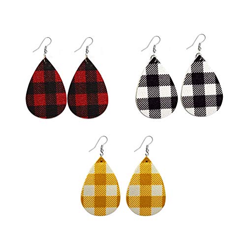 Product Cover Christmas Plaid Teardrop Leather Earrings - Zhjdongtuo Handmade Lightweight Teardrop Dangle Faux Leather Statement Earrings for Girls for Christmas Party Christmas Decorations,3 Pairs