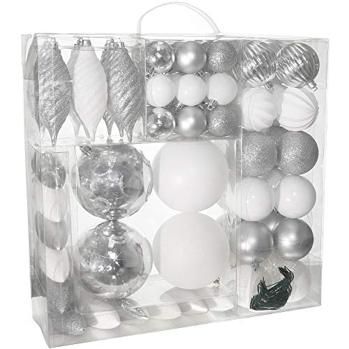 Product Cover R N' D Toys RN'D Christmas Decorative Ball Ornaments - White and Silver Christmas Ball Hanging Tree Ornament Set Assorted Shapes and Sizes with Hooks - 75 Piece Set
