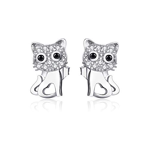 Product Cover Sterling Silver Stud Earrings for Girls Hypoallergenic Cute Clear CZ Cat Lover Earring Gifts for Teen Girl