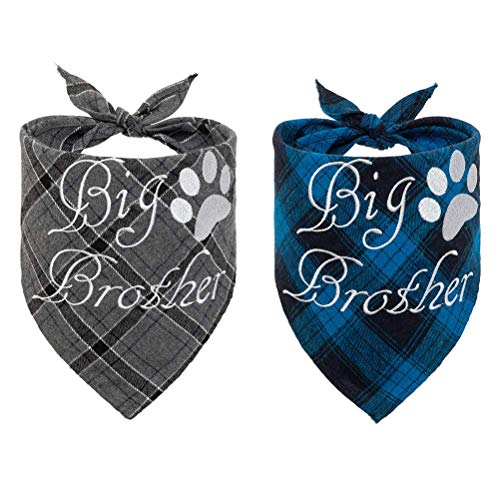 Product Cover EXPAWLORER Plaid Dog Bandana Scarf - 2 Pcs Embroidery of Big Brother Washable Cotton Triangle Accessories for Small Medium Large Dogs Puppies Pets, Blue and Grey