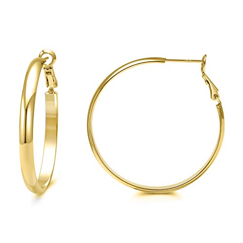 Product Cover Hoop Earrings 14K Thick Gold Hoops Large Chunky Circle Earring for Women Girl with Sterling Silver Post (40MM 50MM)